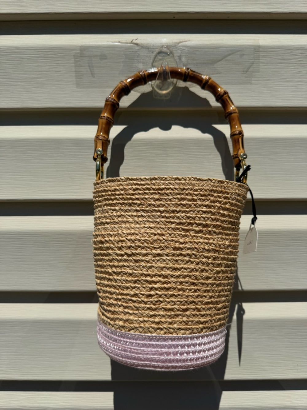 Caterina Bertini Italy Raffia Bamboo Handle Mini Bucket Bag Pink Straw Purse - Picture 10 of 12